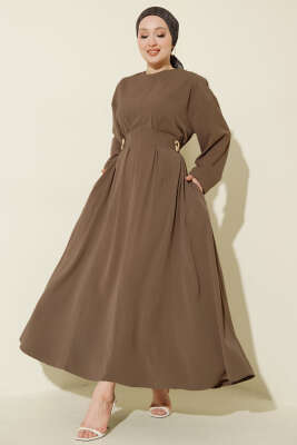 Pileli Yan Kuşak Bağlamalı Elbise Vizon - WENNA DESIGN