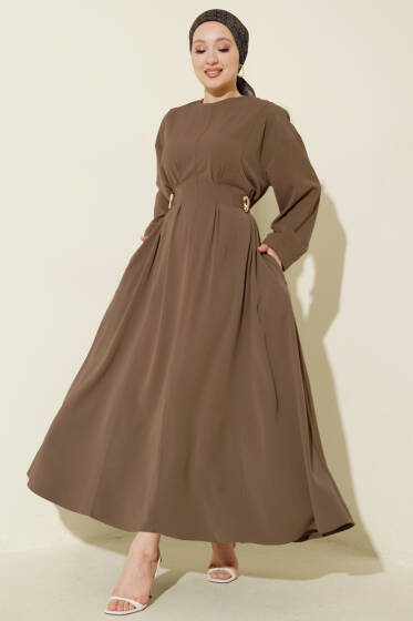 Pileli Yan Kuşak Bağlamalı Elbise Vizon - Elbise