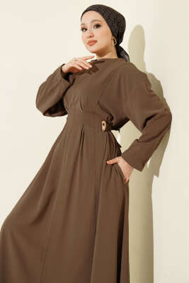 Pileli Yan Kuşak Bağlamalı Elbise Vizon - Elbise