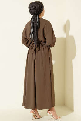 Pileli Yan Kuşak Bağlamalı Elbise Vizon - Elbise