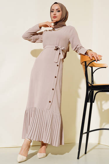 Pileli Yanı Düğmeli Elbise Bej - Elbise