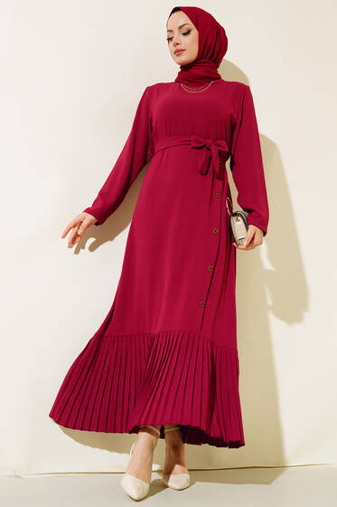 Pileli Yanı Düğmeli Elbise Bordo - Elbise