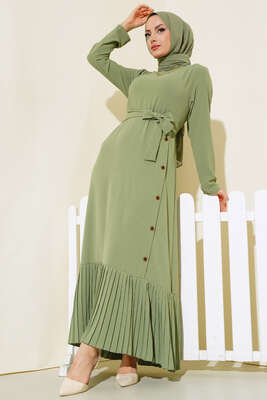Pileli Yanı Düğmeli Elbise Çağla Yeşili - Thumbnail