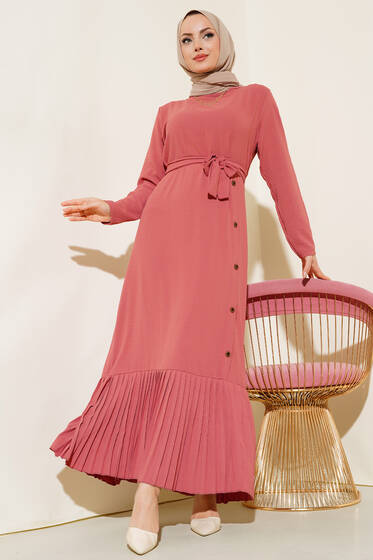 Pileli Yanı Düğmeli Elbise Gül Kurusu - Elbise
