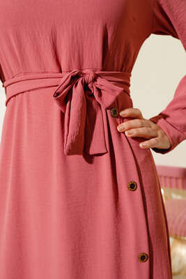 Pileli Yanı Düğmeli Elbise Gül Kurusu - Thumbnail