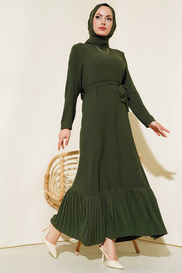 Pileli Yanı Düğmeli Elbise Haki - Elbise