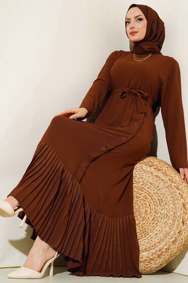 Pileli Yanı Düğmeli Elbise Kahve - Elbise