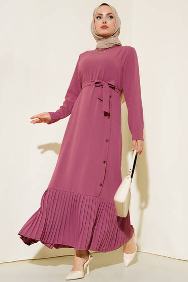 Pileli Yanı Düğmeli Elbise Magenta - Elbise