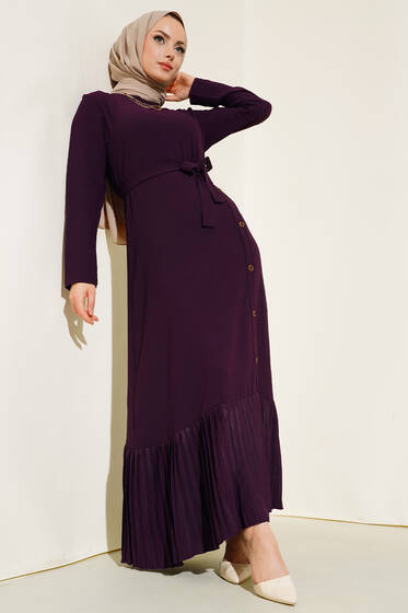 Pileli Yanı Düğmeli Elbise Mor - Elbise