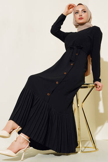Pileli Yanı Düğmeli Elbise Siyah - Elbise