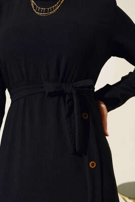 Pileli Yanı Düğmeli Elbise Siyah - Thumbnail