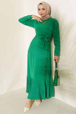Pileli Yanı Düğmeli Elbise Yeşil - Thumbnail