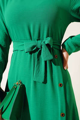 Pileli Yanı Düğmeli Elbise Yeşil - Thumbnail
