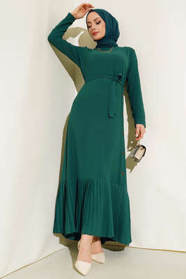 Pileli Yanı Düğmeli Elbise Zümrüt Yeşili - Thumbnail