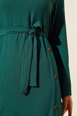 Pileli Yanı Düğmeli Elbise Zümrüt Yeşili - Thumbnail