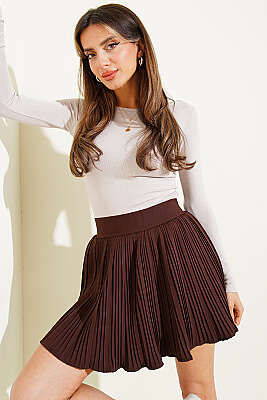 Pilese Detaylı Mini Etek Kahve - Kadın Giyim Modelleri