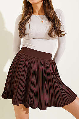 Pilese Detaylı Mini Etek Kahve - Kadın Giyim Modelleri