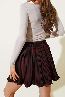 Pilese Detaylı Mini Etek Kahve - Kadın Giyim Modelleri