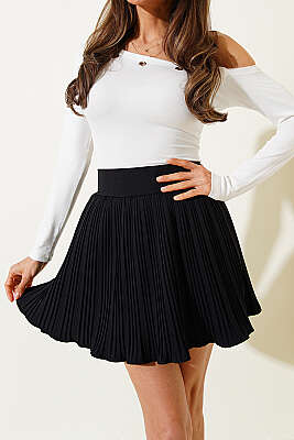 Pilese Detaylı Mini Etek Siyah - Kadın Giyim Modelleri