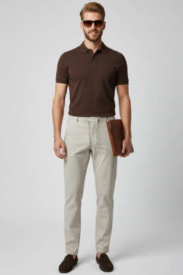 Pilesiz Bel Bağcıklı Erkek Pantolon Bej - Günün Seçilenleri