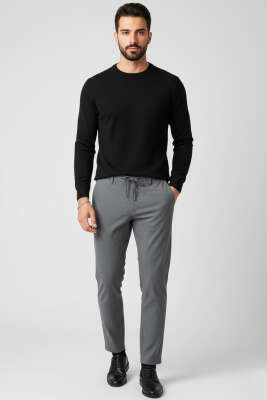 Pilesiz Bel Bağcıklı Erkek Pantolon Gri - Erkek Pantolon