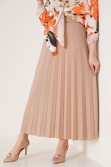 Pilise Detaylı Bej Etek - Uzun Etek