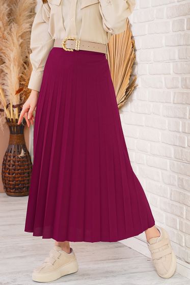 Pilise Detaylı Bordo Etek - Uzun Etek