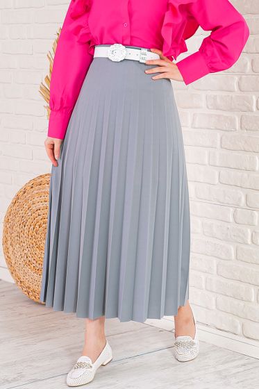 Pilise Detaylı Gri Etek - Uzun Etek