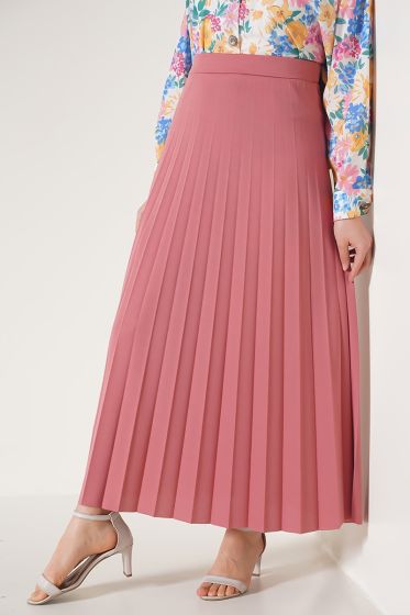 Pilise Detaylı Gül Kurusu Etek - Uzun Etek