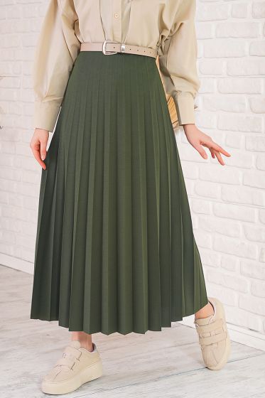 Pilise Detaylı Haki Etek - Uzun Etek