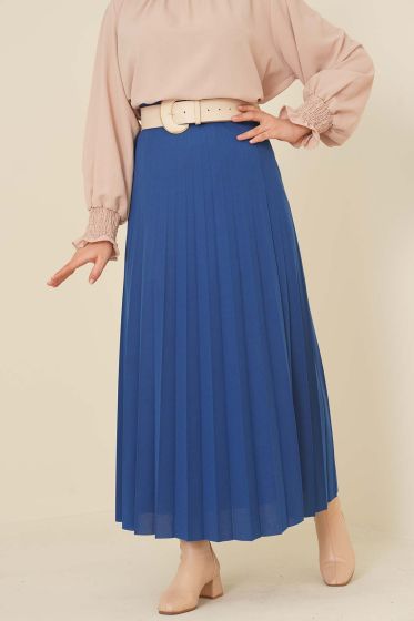 Pilise Detaylı İndigo Etek - Uzun Etek