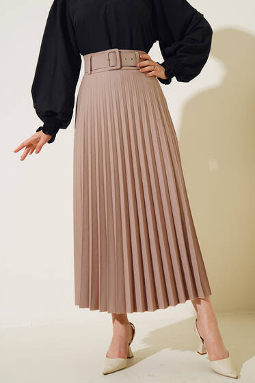 Pilise Detaylı Kemerli Etek Camel - Uzun Etek