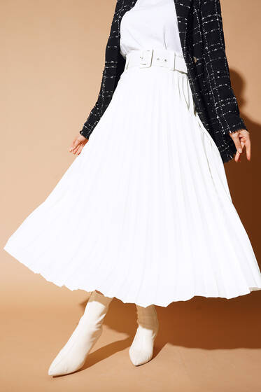 Pilise Detaylı Kemerli Etek Ekru - Uzun Etek