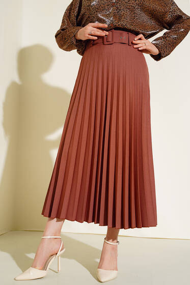 Pilise Detaylı Kemerli Etek Kiremit - Etek