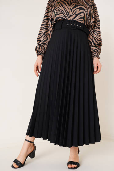 Pilise Detaylı Kemerli Etek Siyah - Uzun Etek