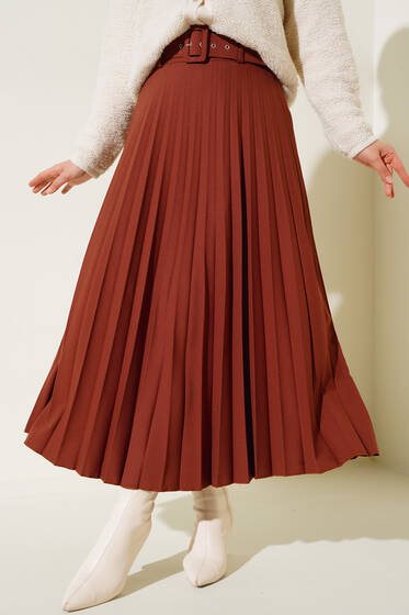 Pilise Detaylı Kemerli Etek Taba - Uzun Etek