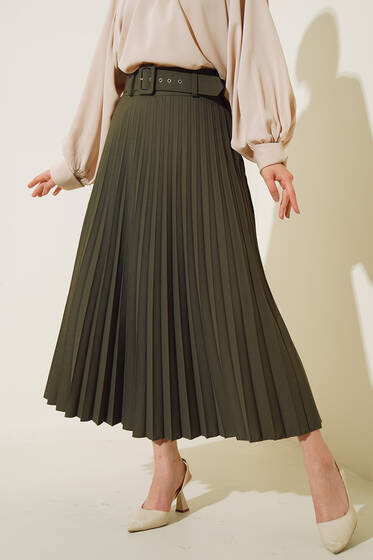 Pilise Detaylı Kemerli Etek Haki - Uzun Etek