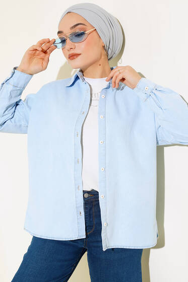 Pilise Detaylı Kot Gömlek Kot Buz Mavi - Gömlek