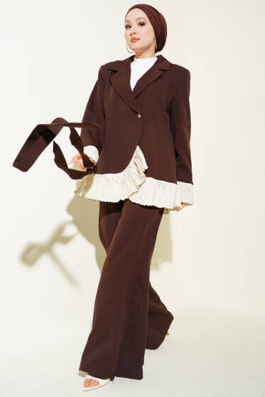 Pilise Detaylı Kruvaze İkili Takım Kahve - İkili Takım