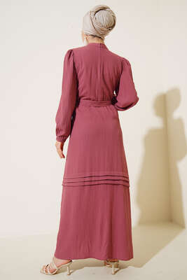 Pilise Detaylı Kuşaklı Elbise Gül Kurusu - Thumbnail
