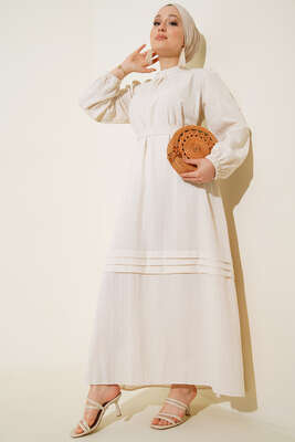 Pilise Detaylı Kuşaklı Elbise Taş - Thumbnail