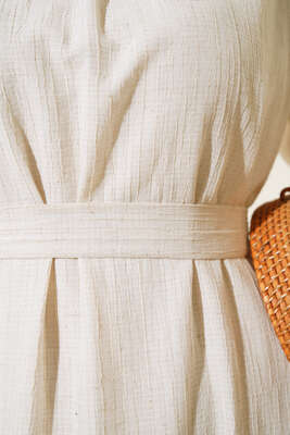 Pilise Detaylı Kuşaklı Elbise Taş - Thumbnail