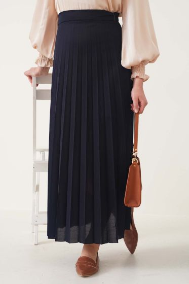 Pilise Detaylı Lacivert Etek - Uzun Etek