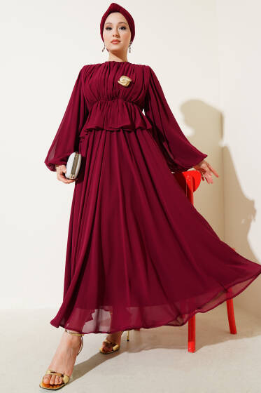 Pilise Detaylı Şifon Abiye Elbise Bordo - Elbise