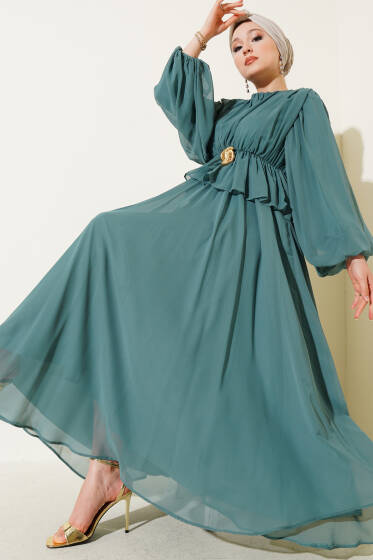 Pilise Detaylı Şifon Abiye Elbise Çağla Yeşili - Elbise