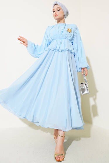 Pilise Detaylı Şifon Abiye Elbise Mavi - Elbise