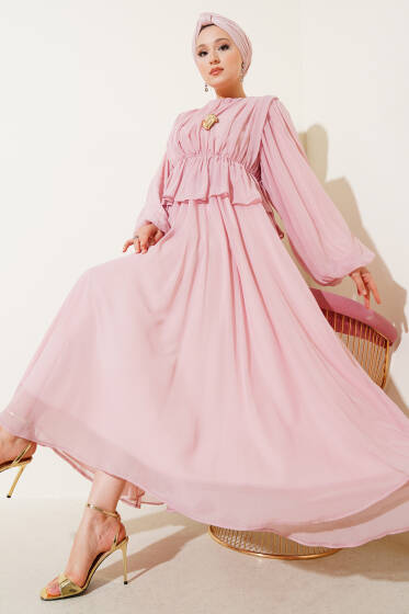 Pilise Detaylı Şifon Abiye Elbise Pudra - Elbise