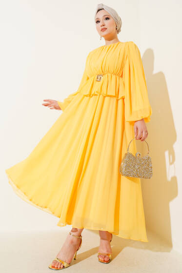 Pilise Detaylı Şifon Abiye Elbise Sarı - Elbise