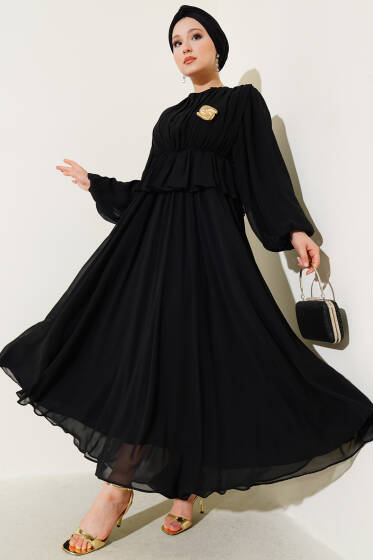 Pilise Detaylı Şifon Abiye Elbise Siyah - Elbise
