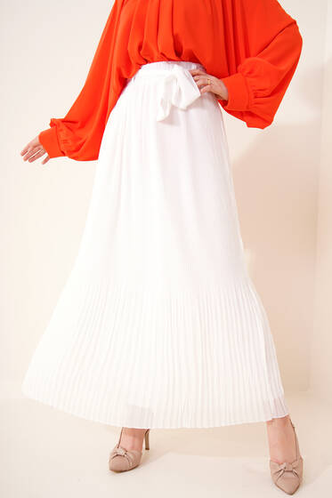 Pilise Detaylı Şifon Etek Beyaz - Etek